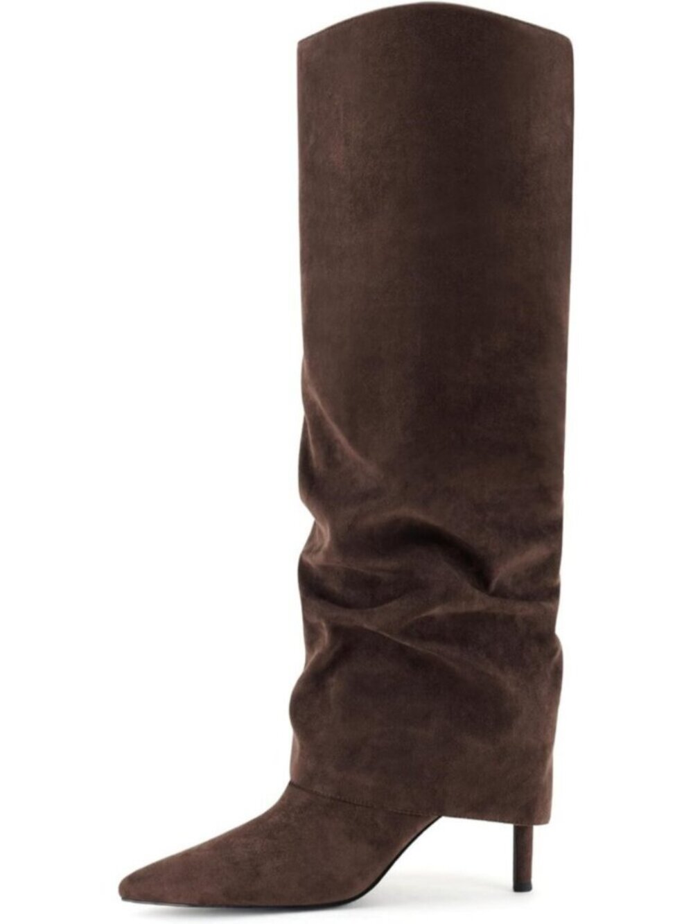 Women's Brown Suede Fold Over Knee High Boots Pointed Toe Slouch Long Boots